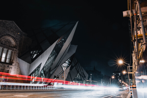 The modern facade of the Royal Ontario Museum addition.
